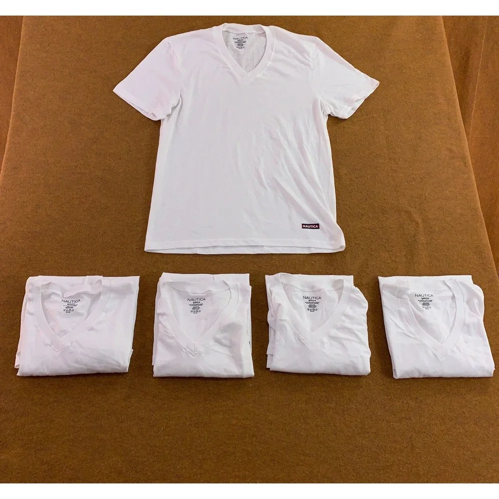 Nautica Mens Small White 5-Pack V-Neck Logo Cotton Blend T-Shirts New